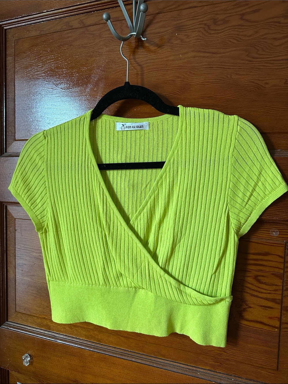 Vintage Y2K Lime Green Ribbed Faux Wrap Crop Top